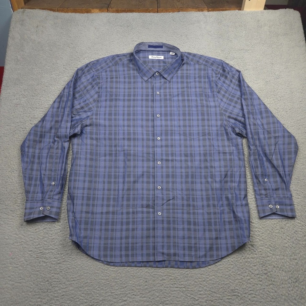 Tommy Bahama XXL Cotton Silk Plaid Button Up Shirt Blue Gray Long Sleeve
